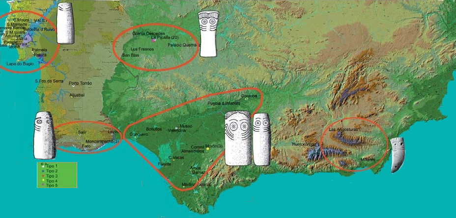 Distribución de los ídolos oculados en la región centro-sur peninsular - Fuente: Blog Megalitismo Atlantico Distribución de los ídolos oculados en la región centro-sur peninsular