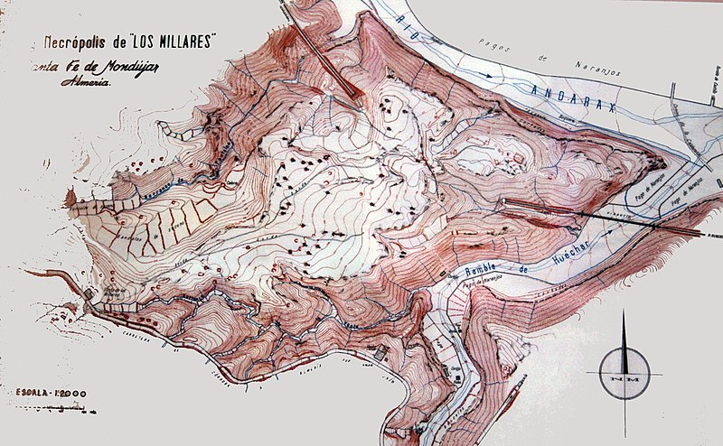 Los Millares. Plano de situación de las tumbas y el poblado. Almagro y Arribas, 1959 Los Millares. Plano de situación de las tumbas y el poblado. Almagro y Arribas, 1959