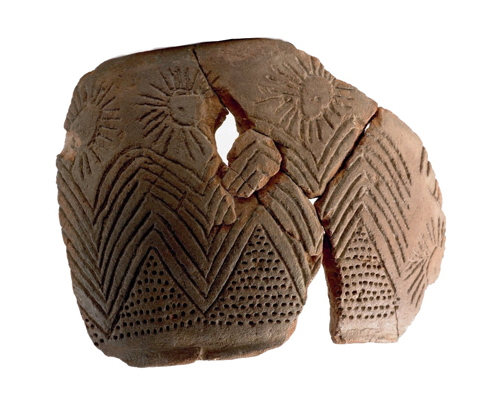 Fragmento de cuenco con decoración simbólica de soles y posibles montañas. Necrópolis: tumba XXI, Los Millares, Santa Fe de Mondújar, Almería. Fuente: Museo de Almería Fragmento de cuenco con decoración simbólica de soles y posibles montañas. Necrópolis: tumba XXI, Los Millares, Santa Fe de Mondújar, Almería. Fuente: Museo de Almería