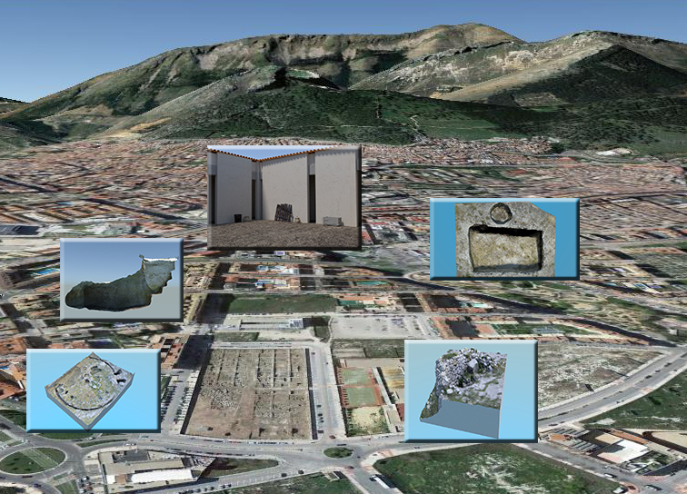 Representación de varios hallazgos y reconstrucción de estructuras en la Zona Arqueológica. Fuente: Estela Pérez/UJA Representación de varios hallazgos y reconstrucción de estructuras en la zona arqueológica. Fuente: Estela Pérez/UJA