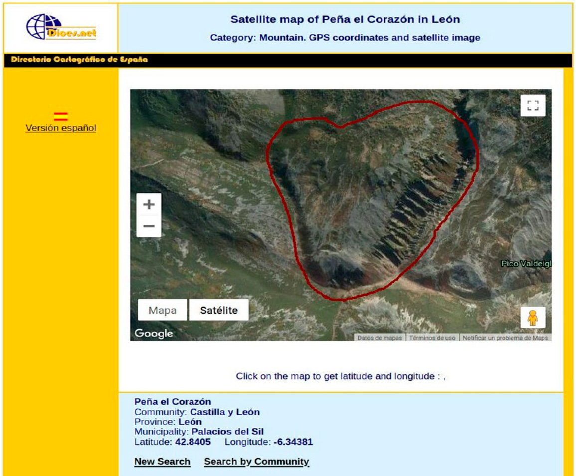 Figura 2. Foto satelital de la Peña El Corazón, Palacios del Sil, León. Fuente: dices.net Figura 2. Foto satelital de la Peña El Corazón, Palacios del Sil, León. Fuente: dices.net