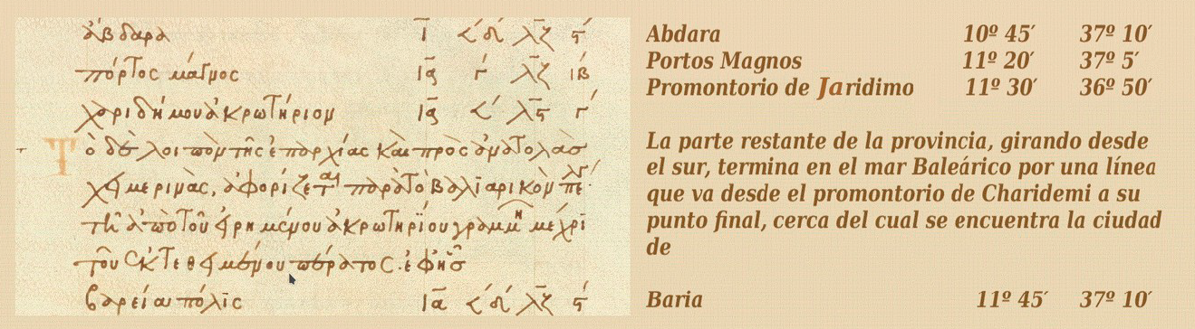 Códice bizantino de la Geografía de Ptolemeo, Burney 111 (s. XIII). Ciudades costeras desde el poniente almeriense hasta el Cabo de Gata (Promontorio Jaridimo) Códice bizantino de la Geografía de Ptolemeo, Burney 111 (s. XIII). Ciudades costeras desde el poniente almeriense hasta el Cabo de Gata (Promontorio Jaridimo)