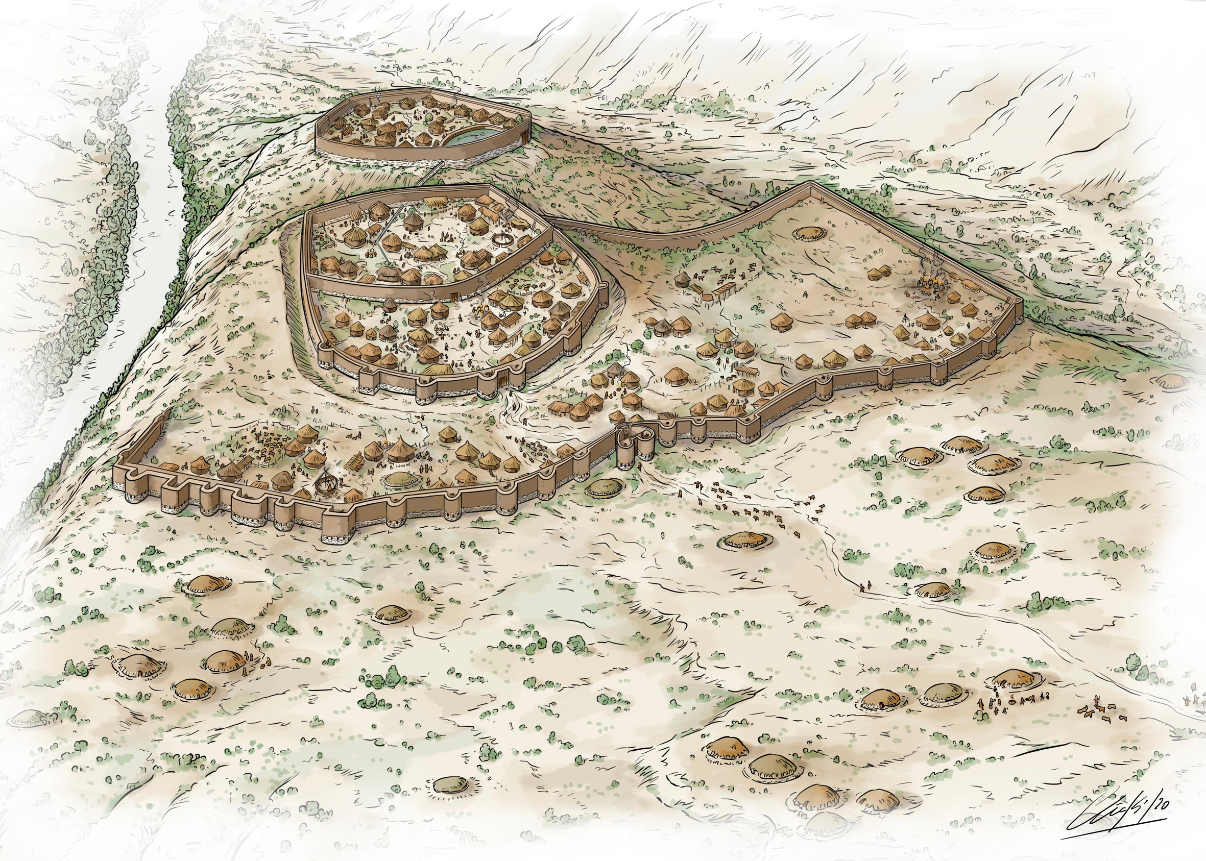 Ilustración del poblado de Los Millares a cargo de Iñaki Dieguez Uribeondo. Cortesía de D. Gonzalo Aranda Ilustración del poblado de Los Millares a cargo de Iñaki Dieguez Uribeondo. Cortesía de D. Gonzalo Aranda