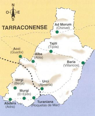 Principales poblaciones de la provincia de Almería en el siglo III con las calzadas descritas en el Principales poblaciones de la provincia de Almería en el siglo III con las calzadas descritas en el