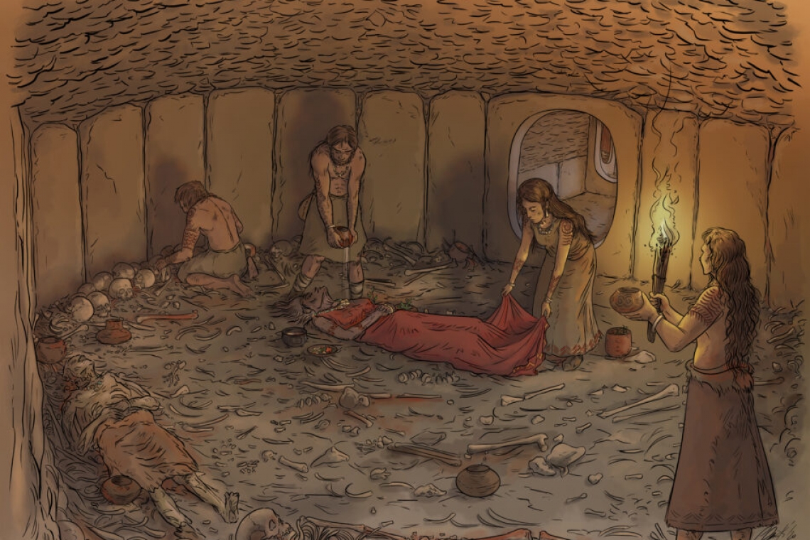 Interior de un Tholo de Los Millares. Ilustración de Iñaki Dieguez