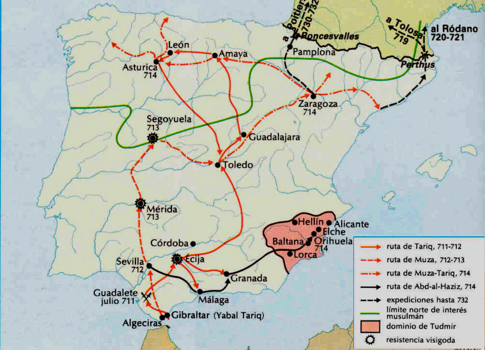 Mapa de la conquista musulmana de la Hispania visigoda Mapa de la conquista musulmana de la Hispania visigoda