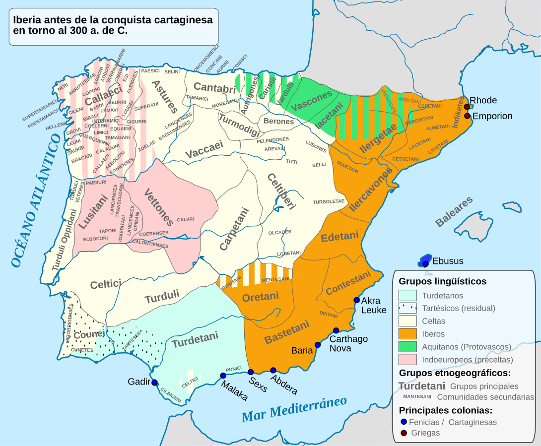 Mapa de la distribución de las distintas lenguas y etnias paleohispánicas antes de la conquista cartaginesa y romana (en torno al 300 a.C.) / Wikipedia - Alcides Pinto