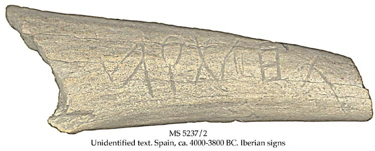 Hueso con grabados de escritura reconocidos e identificados como pertenecientes a un signario Ibero-Tartésico por Díaz-Montexano con una datación de 4000-3800 años a.C. Actualmente se expone en la Biblioteca Nacional y el Instituto de Paleografía y Filología Histórica de Oslo, siendo reconocida la interpretación como Hueso con grabados de escritura reconocidos e identificados como pertenecientes a un signario Ibero-Tartésico por Díaz-Montexano con una datación de 4000-3800 años a.C. Actualmente se expone en la Biblioteca Nacional y el Instituto de Paleografía y Filología Histórica de Oslo, siendo reconocida la interpretación como