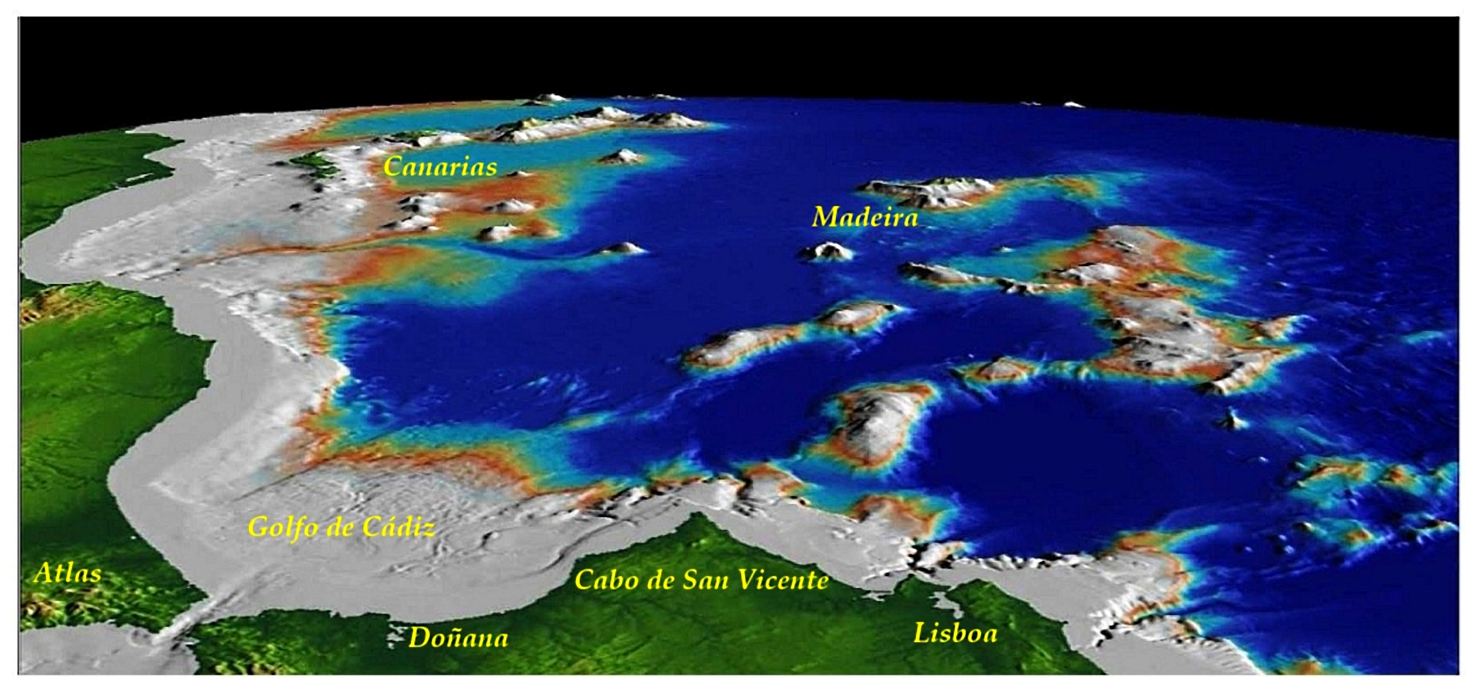 Área geográfica, con detalle del fondo oceánico y montes submarinos, propuesta por Georgeos Díaz-Montexano como el lugar descrito por Platón para el emplazamiento de el archipiélago de Atlantis, según los apuntes que su tío-pentabuelo Solón había tomado de los sacerdotes egipcios. - Cortesía de Georgeos Díaz-Montexano Área geográfica con detalle del fondo oceánico propuesta por Georgeos Díaz-Montexano como el lugar descrito por Platón para el emplazamiento de el archipiélago de Atlantis, según los apuntes que su tío-pentabuelo Solón había tomado de los sacerdotes egipcios. - Cortesía de Georgeos Díaz-Montexano