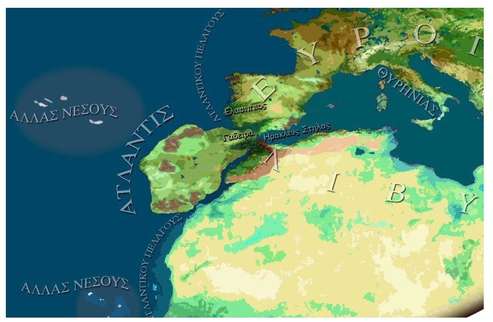 Reconstrucción paleogeográfica de una de las hipótesis interpretativas del autor sobre el aspecto, localización y dimensión que pudo haber tenido la Atlántida, según lo que claramente (sin tergiversación alguna), tal cual se describe en el Timeo y el Critias de Platón, entre otras fuentes primarias antiguas, incluso ajenas a la tradición platónica. - Cortesía de Georgeos Díaz-Montexano Reconstrucción paleogeográfica de una de las hipótesis interpretativas del autor sobre el aspecto, localización y dimensión que pudo haber tenido la Atlántida, según lo que claramente (sin tergiversación alguna), ta cual, se describe en el Timeo y el Critias de Platón, entre otras fuentes primarias antiguas, incluso ajenas a la tradición platónica.