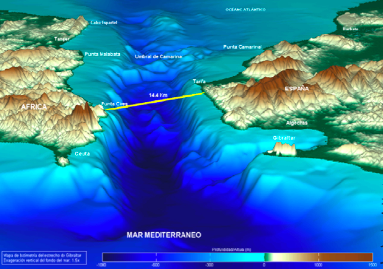 Batimetría del estrecho de Gibraltar en 3D con exageración vertical del fondo del mar. Se pueden apreciar el Umbral de Camarinal y el Umbral de Espartel como zonas más elevadas y posibles Batimetría del estrecho de Gibraltar en 3D con exageración vertical del fondo del mar. Se pueden apreciar el Umbral de Camarinal y el Umbral de Espartel como zonas más elevadas y posibles