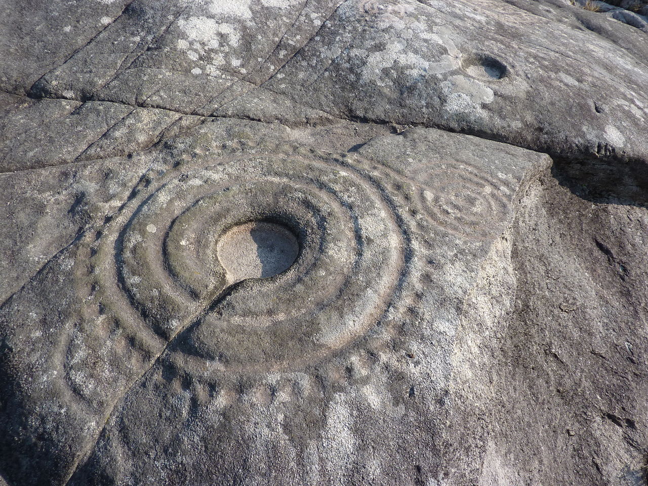 Petroglifo de círculos concéntricos con canal central en Laxe das Rodas, Galicia. Son especialmente abundantes en toda la cornisa atlantica europea / Wikipedia Petroglifo de círculos concéntricos con canal central en Laxe das Rodas, Galicia, obsérvense las pequeñas cazoletas que rodean la figura como en Marruecos. Son especialmente abundantes en toda la cornisa atlantica europea / Wikipedia